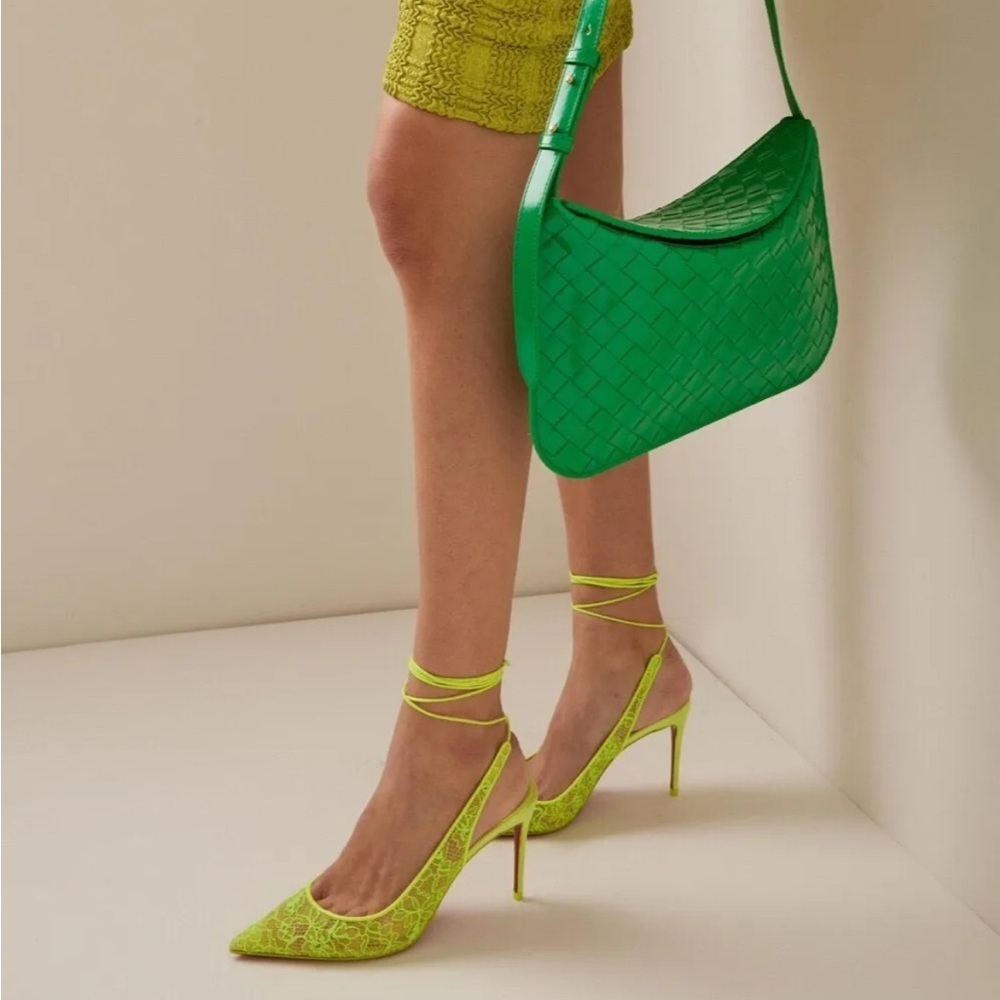 Christian Louboutin Kate 85mm Lace Wraparound Neon Fluo Yellow Pumps EU 38